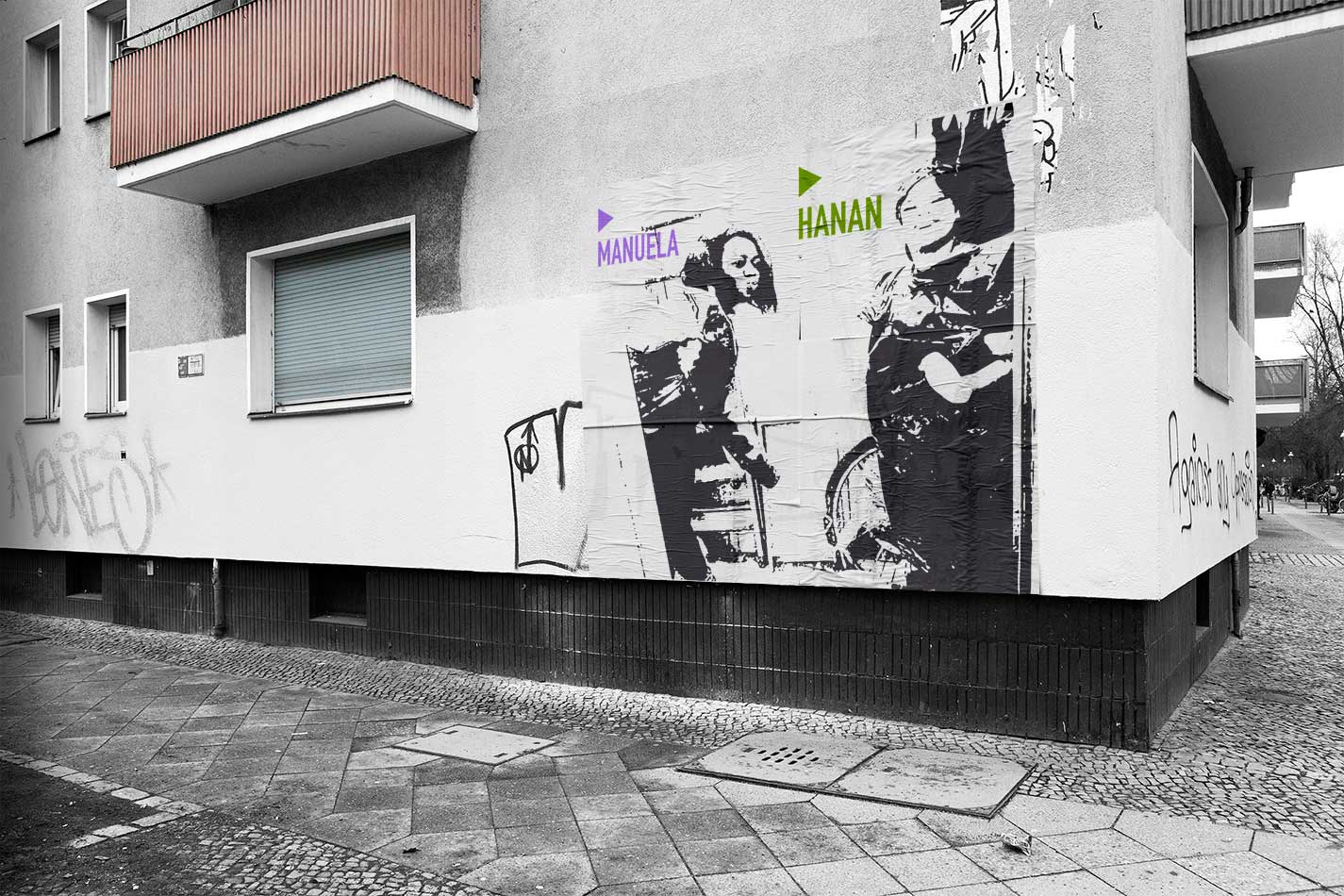 Foto/Illustration Kreuzberger Eckhaus mit Manuela & Hanan als Paste-Up